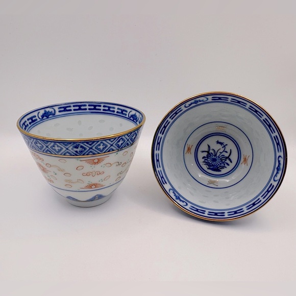 VTG Chinese Rice Eyes Porcelain Tea Cup/Sake Cup/Saucer Jingdezhen 3 Piece Set - Picture 2 of 10
